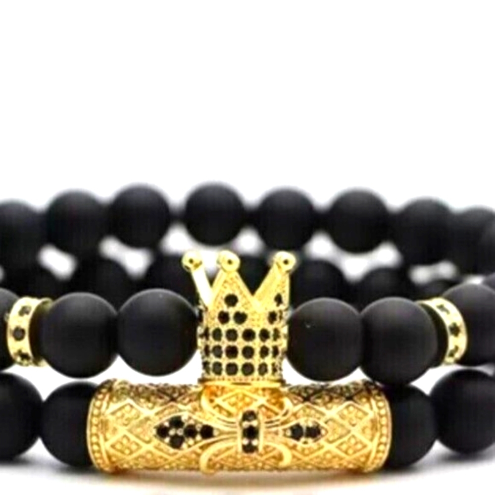NWT 4 Pc Men's Black & Gold Natural Stone Pave Charm Bracelet Sets Cbc Zirconia - Picture 3 of 3
